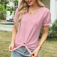 thumbnail image 5 of Fesfesfes Women's V-Neck Tops New Eyelet Embroidered Short Ruffle Sleeve T-shirt Breathable Fabric Casual Loose Front Tie Hem Tee, 5 of 7