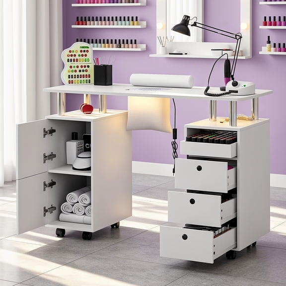 Advwin Manicure Table with Electric Dust Collector & LED Lights, Rolling Nail Desk with Lockable Wheels & Wrist Rest for Beauty Salon, White