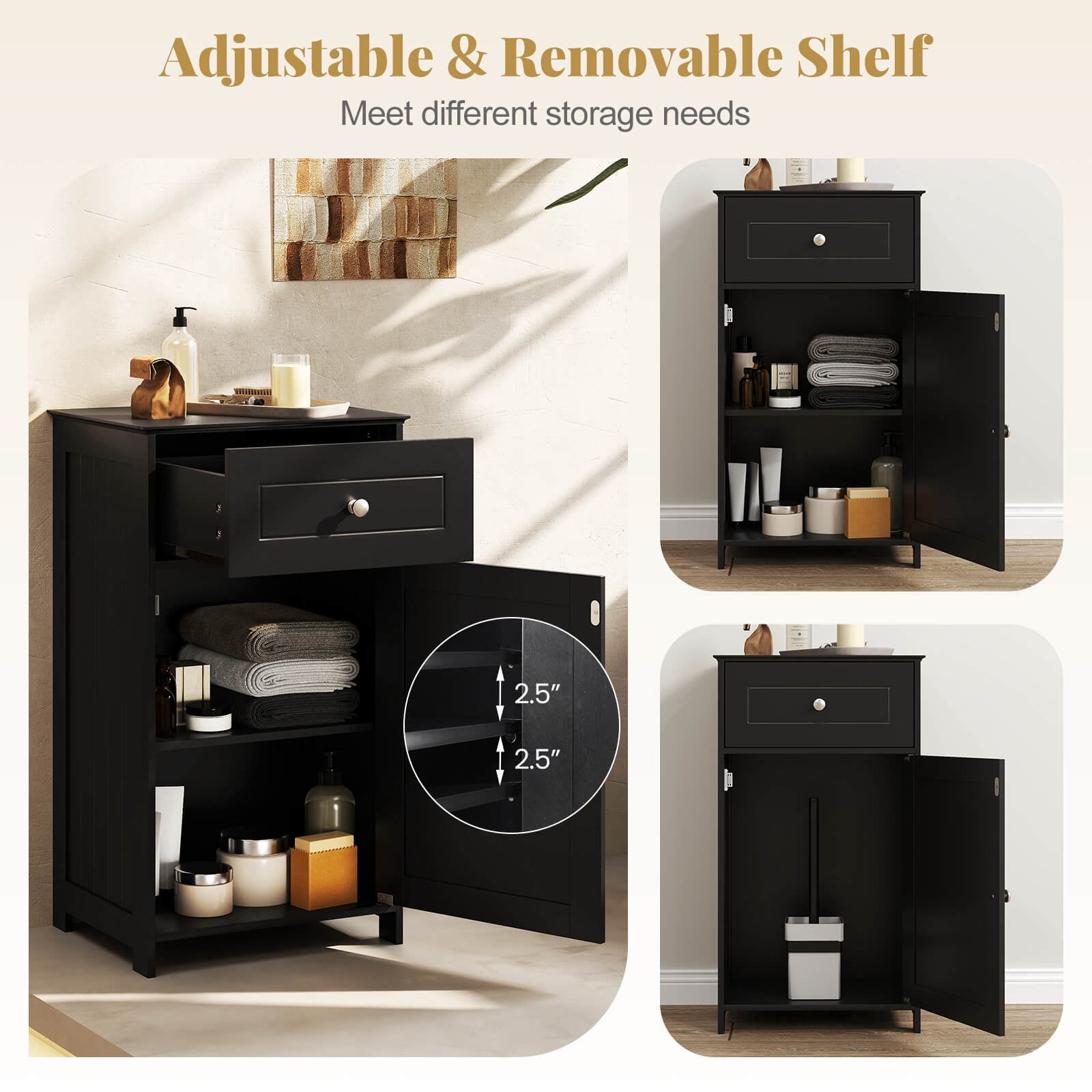 Costway White Floor Storage Cabinet Bathroom Organizer Cupboard Drawer Shelf Bath Towel Black