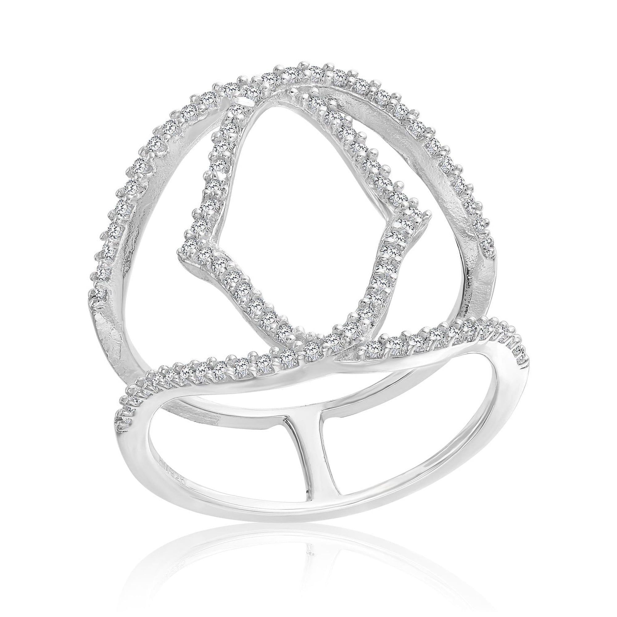 Tilo Jewelry Sterling Silver Double Band Crossover Open Ring with Cubic Zirconia Stones | Size 6 | Women & Unisex