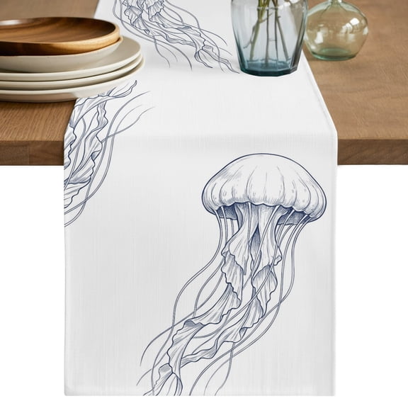Table Runners 70 Inches Long Dress Scarves, Blue White Jellyfish Coastal Farmhouse Coffee/Dining/Kitchen Table Decor, Holiday Table Runner, Nautical Summer Ocean Seaside 13x70 Inch