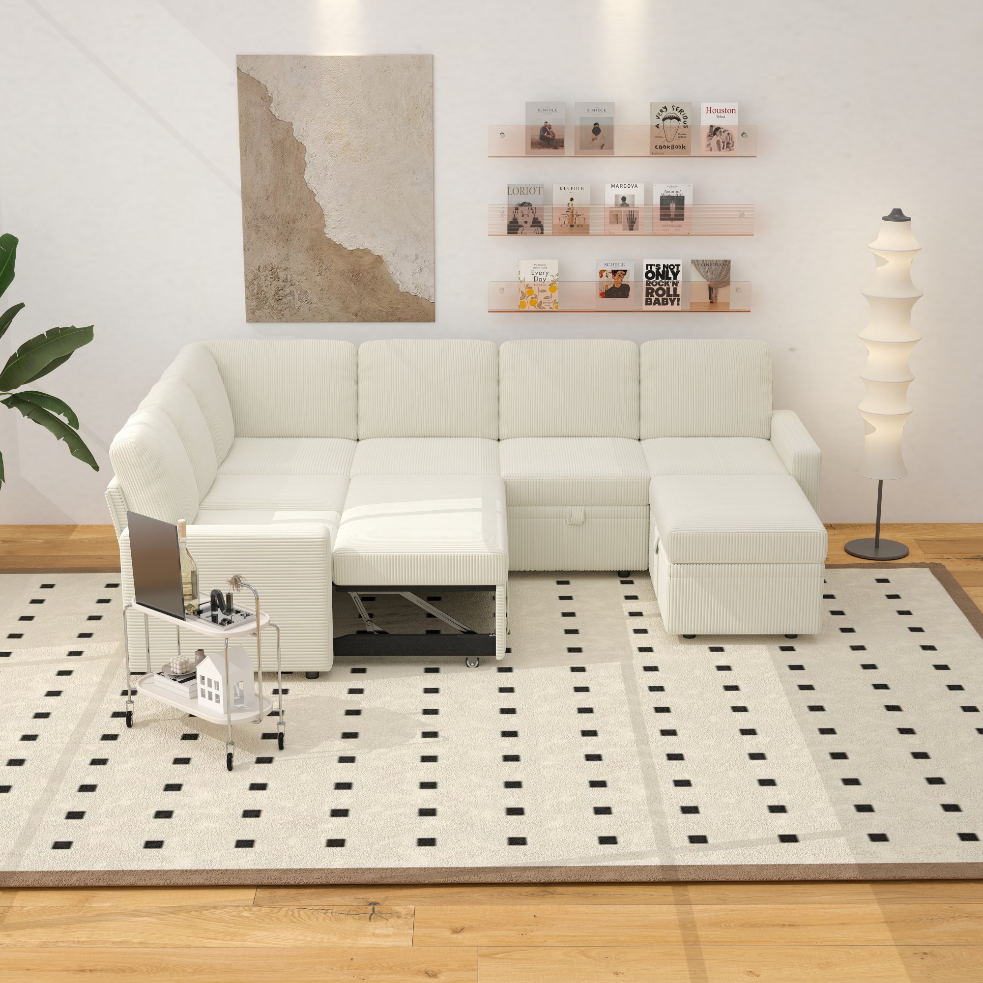 Gewnee 6-Seater Beige L-Shaped Convertible Sofa - Soft-Touch Corduroy Fabric,Multifunctional Storage, for Living Rooms & Halls（including 1 footstool）