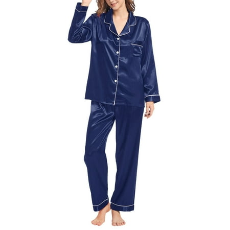 Audhol Women s Casual Pants Clearance Deals  Women s Underwear Clearance Sale  Womens Silk Like Pajamas Long Sleeve Set Two Piece Sleepwear Button Down Nightwear Loungewear Sets A L