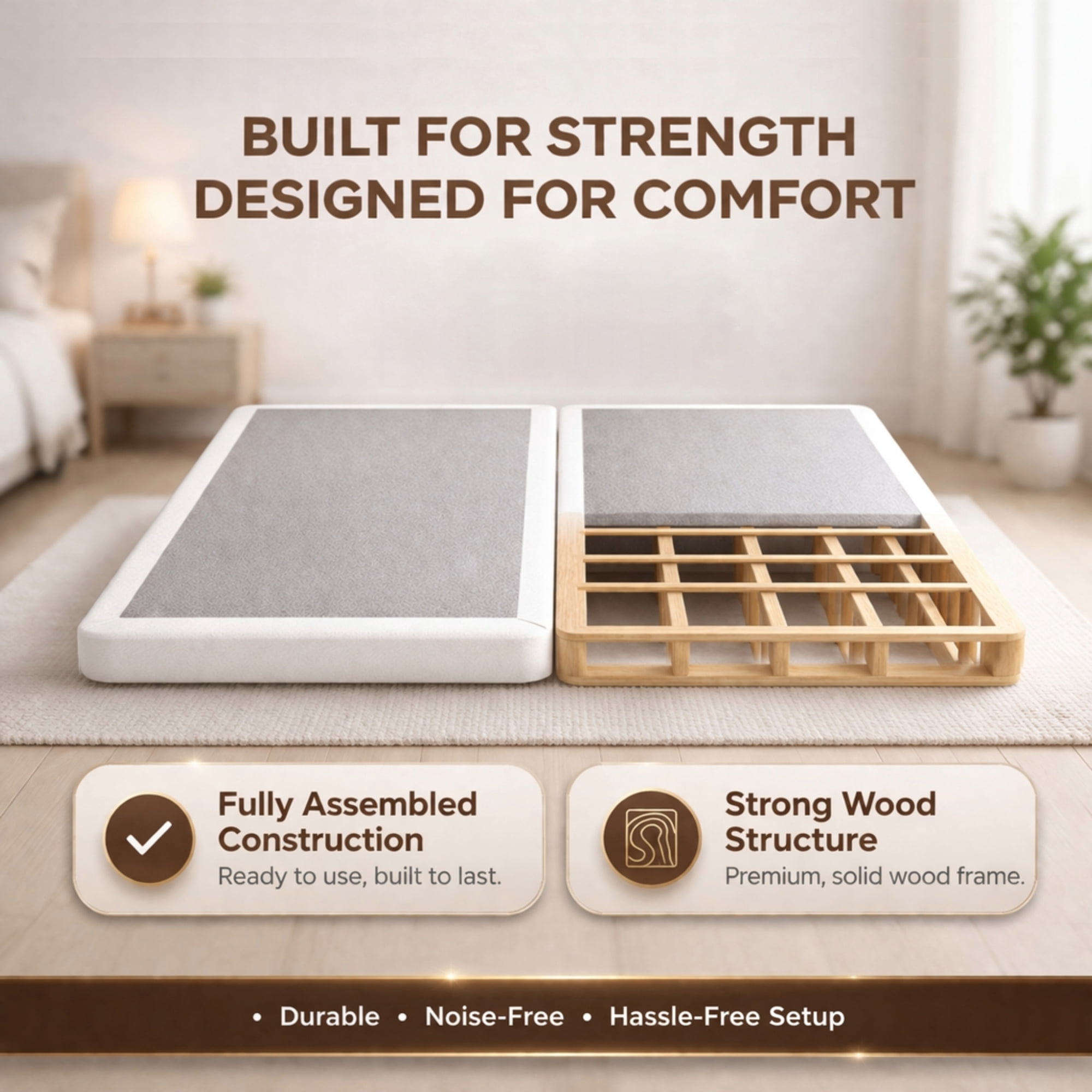 Continental Sleep, Box Spring Bed Base Full Size, 1.5-Inch Wood Mattress Foundation, Quiet Noise Free, 2-Pieces Under Mattress Support BoxSpring, Fully Assembled, White