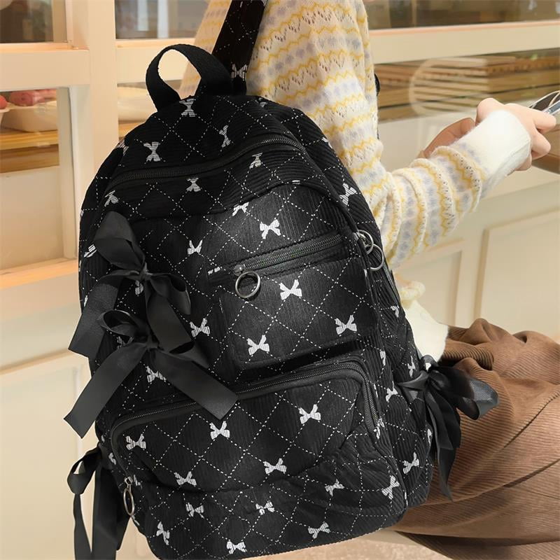 Yucurem Large Capacity Corduroy Backpack with Bow, Lightweight 15.75 inch Laptop Bag for Women, Aesthetic Daypack for College Travel (Black)