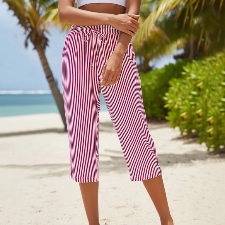 Sahpxhe Striped Capri Pants for Women Elastic Waist Casual