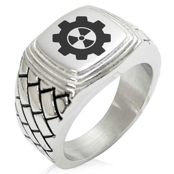 Stainless Steel Radioactive Gear Geometric Pattern Step-Down Biker Style Polished Ring