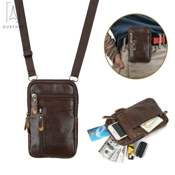 Gustave Men Leather Fashion Phone Pouch Belt Bag Shoulder Crossbody Bag Waist Pack Handbag Small Cell Phone Purse