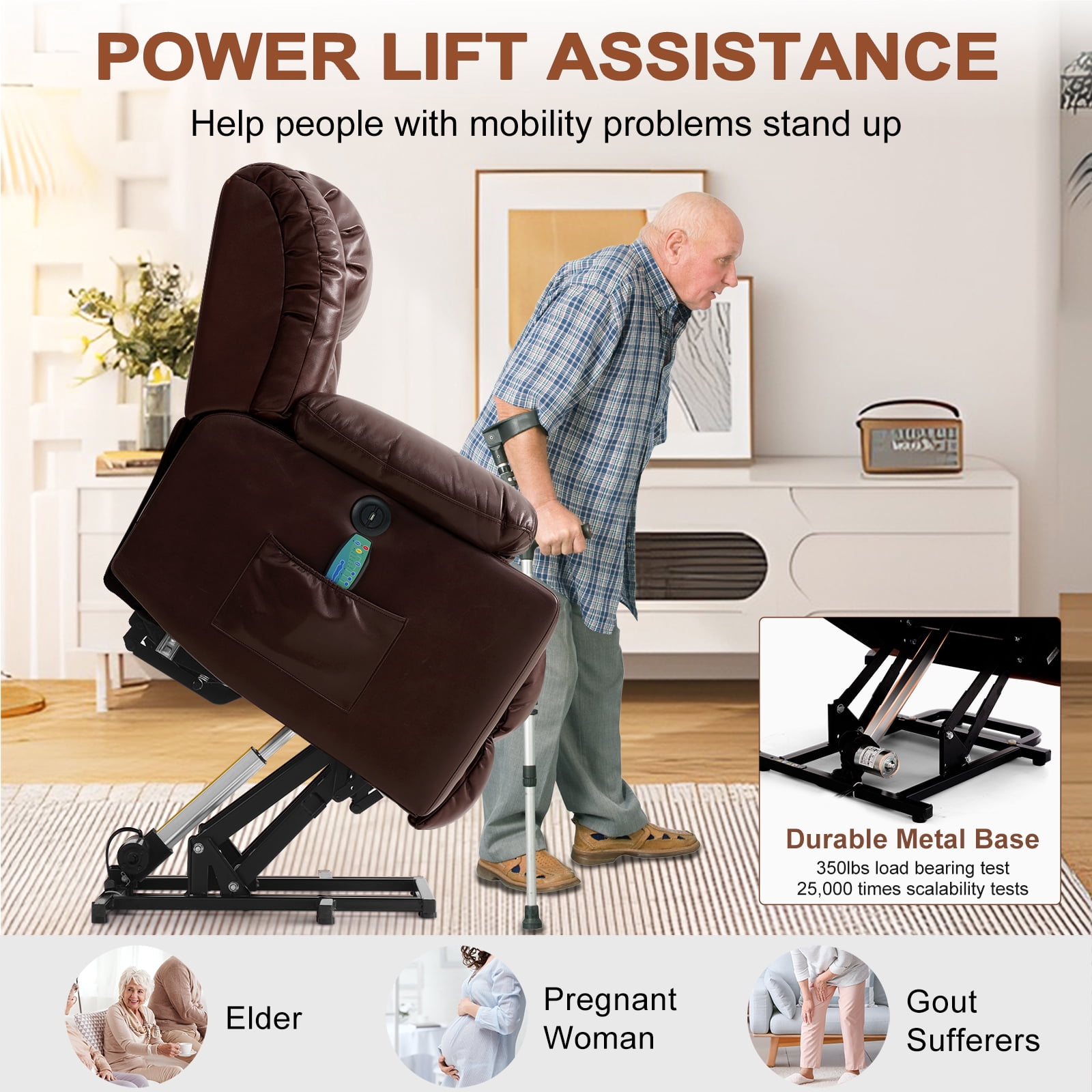 INGALIK Power Lift Recliner, Leather Electric Chair Recliners with Heating and Massage, Cup Holders, Storage, USB Charging (Brown)