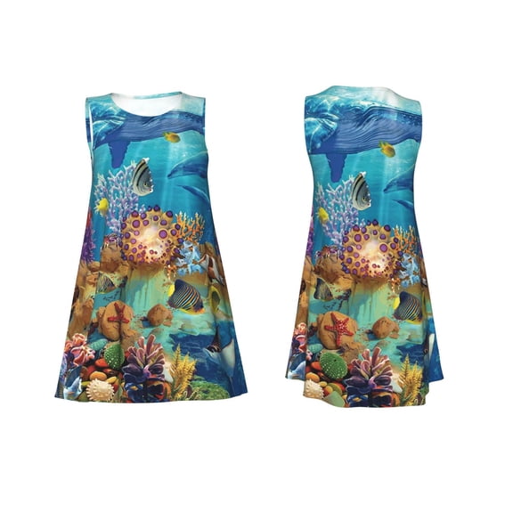 Horeoi Sea World Print Women's Sleeveless Dress Cotton-like Flared Hem Deep Side Pockets Above-Knee