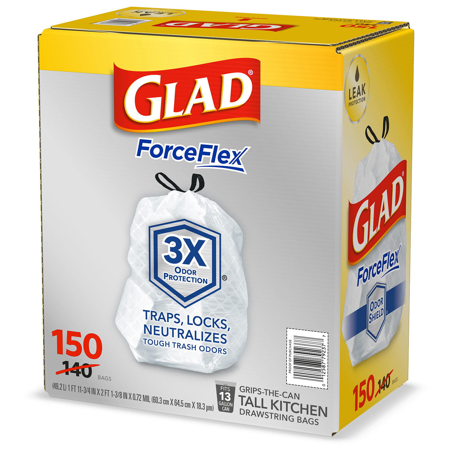 Glad® ForceFlex Tall Kitchen Drawstring Bags, 13 Gallon, 24 x25 1/8, 0.90  mil, White (100 PK)