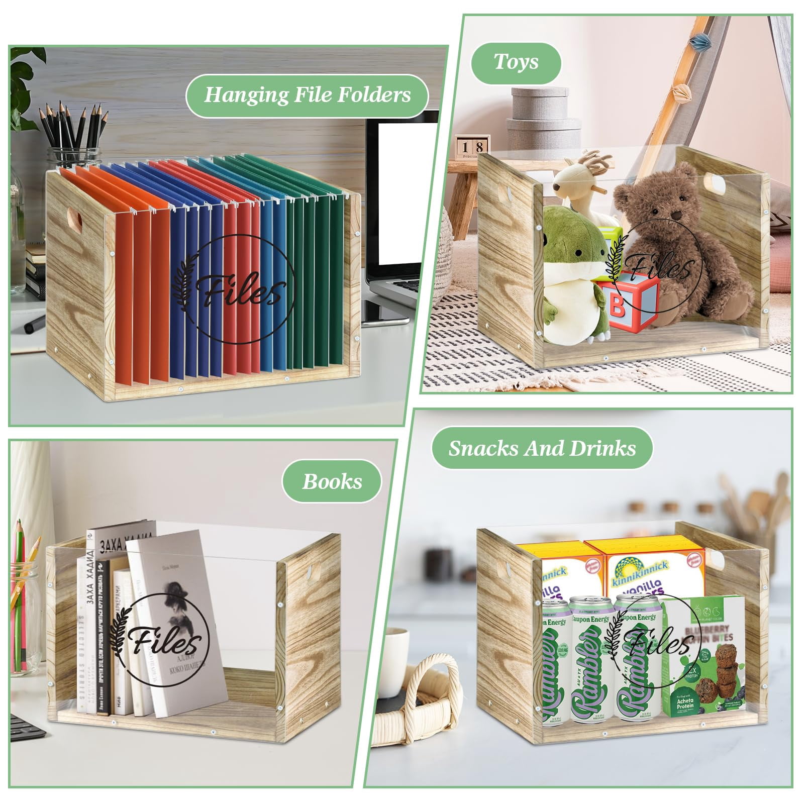 Clear Acrylic File Box Organizer, Wood Hanging Folder Storage Boxes, Filing Crate Bin Holder with Handle for Home Office Desk, Letter Size