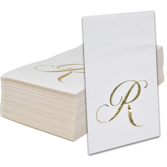 Gift Boutique Gold Monogram Guest Napkins Letter R, 100 Count, 3-Ply Disposable Paper Napkins, White & Gold Foil, Wedding Party Bathroom Decor