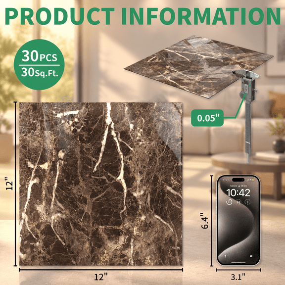 Polish Brown&Taupe Marble 12x12 Inch 30-pack Peel and Stick Vinyl Floor Tiles