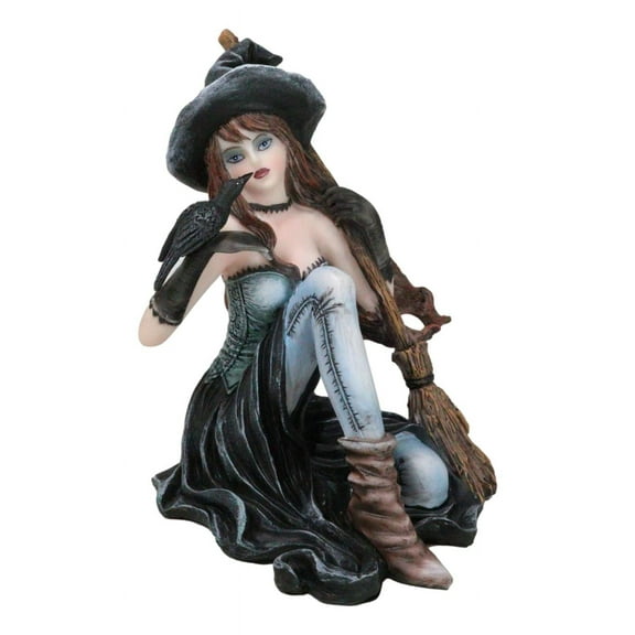Gothic Black Witch Sorceress with Raven Crow and Magical Broomstick Figurine