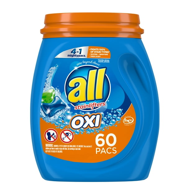 all OXI Mighty Pacs Laundry Detergent, 4 in 1 with OXI Whiteners and