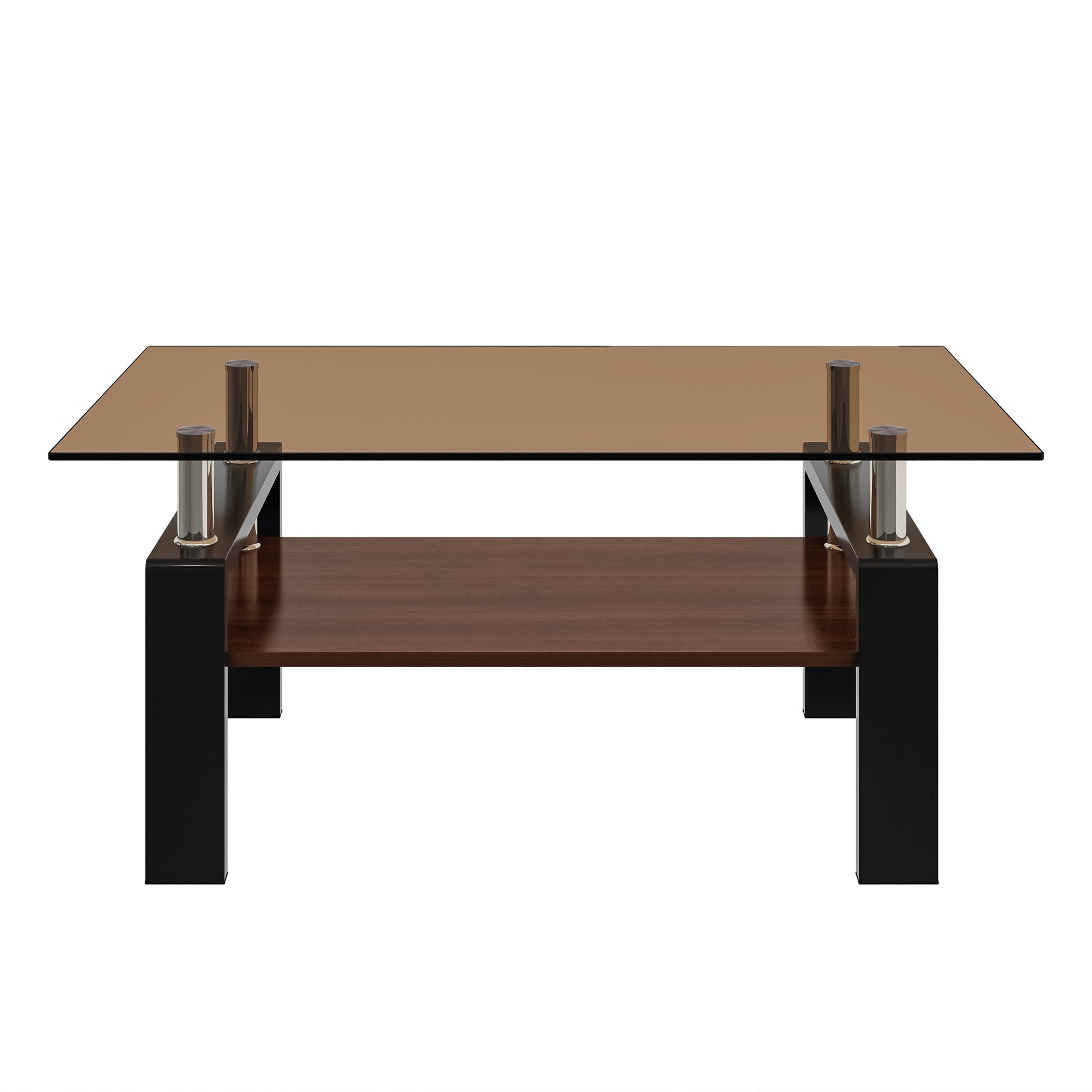 MAYEERTY Rectangle Coffee Table with Brown Tempered Glass & MDF Shelf