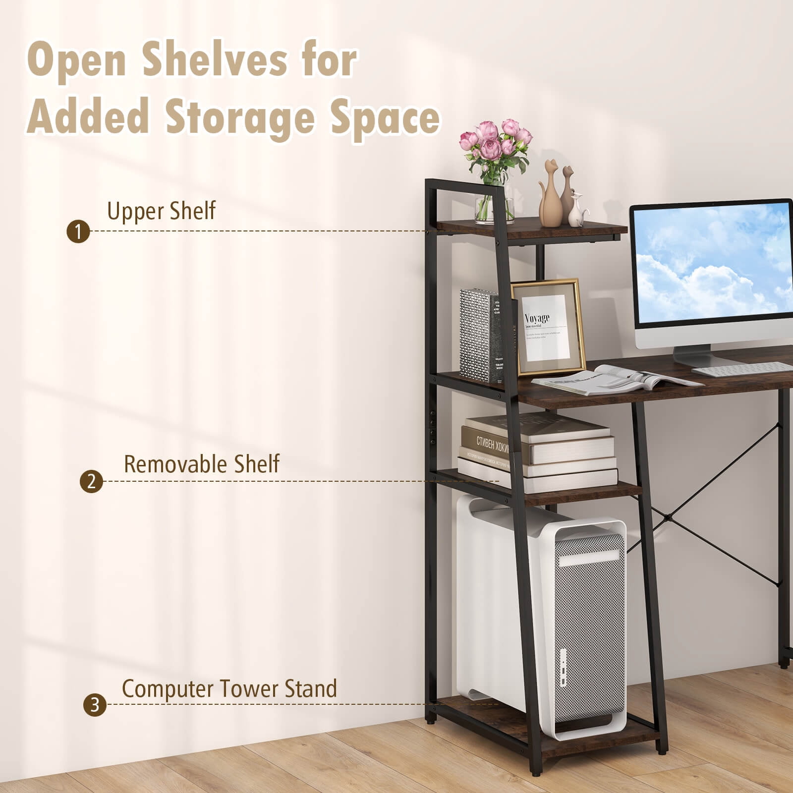 Costway Modern Computer Desk with 3-tier Storage Shelf CPU Stand Metal Frame for Bedroom