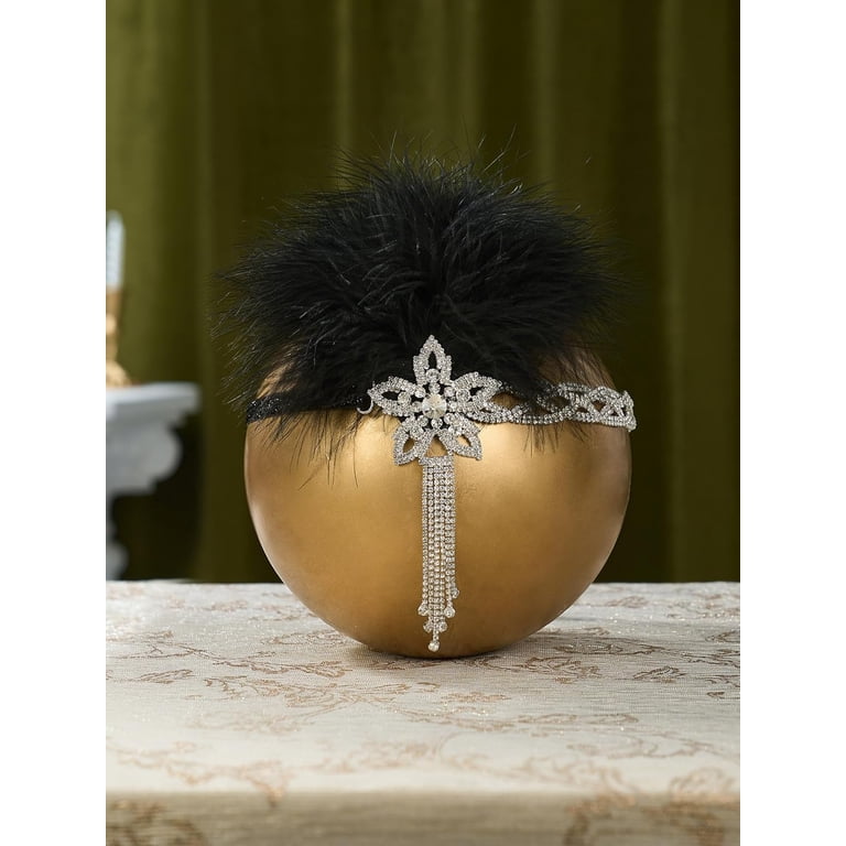 Flapper Feather Headband 1920s Gatsby Headpiece Crystal Rhinestones Soft Gatsby Flapper Headband: Rhinestone & Feather 1920s  main image 4