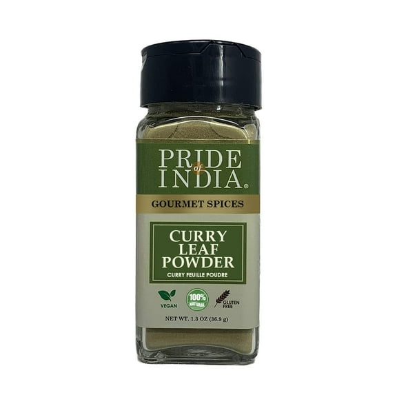 Pride of India – Curry Leaf Ground – Fresh Aroma/Distinct taste – No GMO/No Artificial Color – Traditional Indian Spice – Easy to Use – 1.3 oz. Small Dual Sifter Bottle