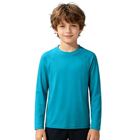 Boys Long Sleeve Rash Guard, Plain Color Swim Shirt, Quick-Dry Sun Protection Top for Beach Pool Water Activities