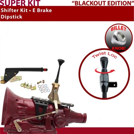 American Shifter AOD Shifter Kit Black 6 in. E Brake Dipstick Push Button Floor Handle Billet Knob for EBADD