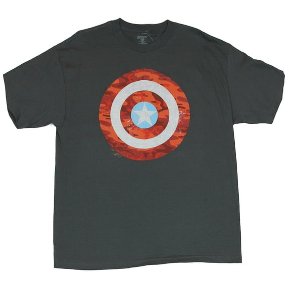 Captain America Mens T-Shirt - Distressed Cap Shield w/ Red Camo Design (Large)