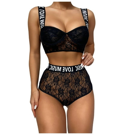 

YDKZYMD Women Lingerie Set 2 Piece Corset Tops See Through Lace Pajamas Set High Waisted Sexy with Letter Pattern Bra and Panty Black S-XL