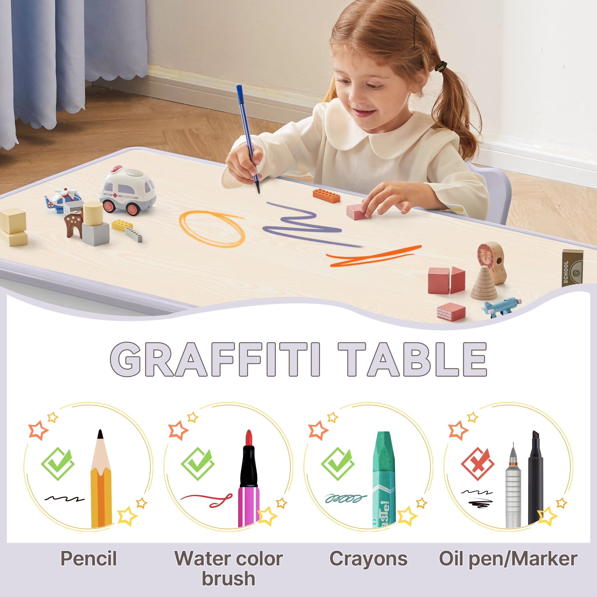 Kids Study Table and Chairs Set, Height Adjustable Toddler Table and Chair Set for Kids Ages 3-8, 31.5" L x 23.6" W Graffiti Desktop Plastic Children Art Table with 4 Seats, Grey