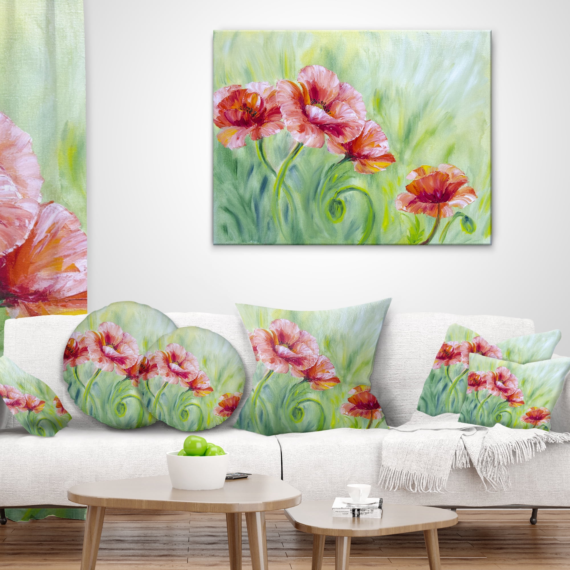 Designart Pale Red Poppies - Floral Throw Pillow - 12x20