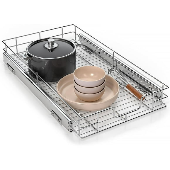 2 Tier Pull Out Cabinet Organizer 19.5" W X 21" D Heavy Duty Pull Out Storage Shelf, Cabinet Slide Out Shelves for Kitchen Cabinet Organizers Home Organization Chrome