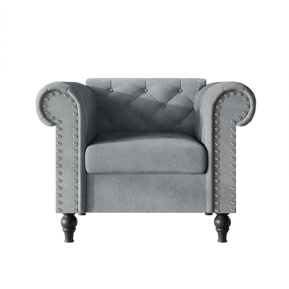 Home Design Kelso Velvet Rolled Arm Chair with Deep Button Tufting, Nailhead Trim and Turned Legs, Gray