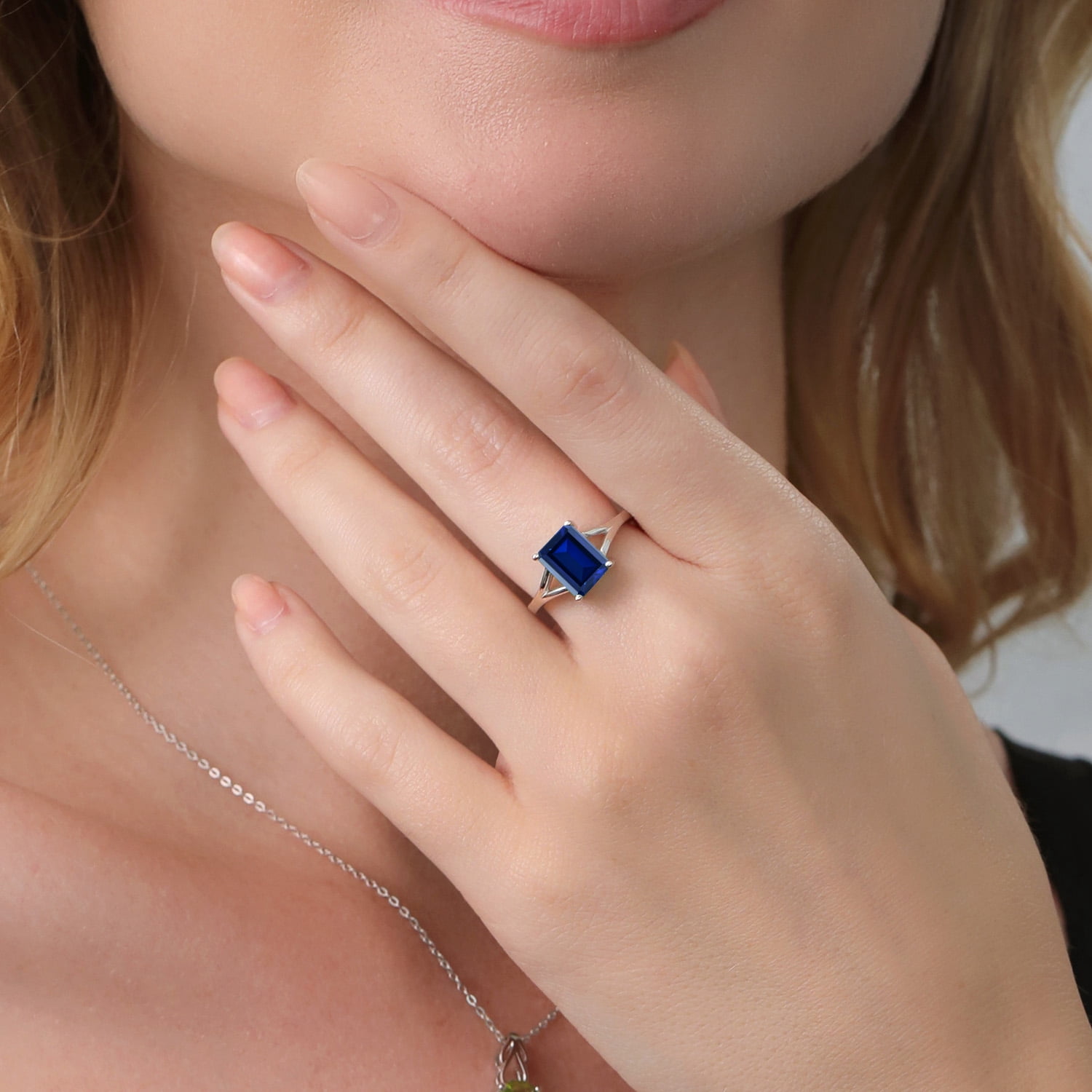 Gem Stone King 925 Sterling Silver Blue Created Sapphire Solitaire Engagement Ring for Women (2.70 Cttw, Emerald Cut 9X7MM, Gemstone September Birthstone, Size 8)