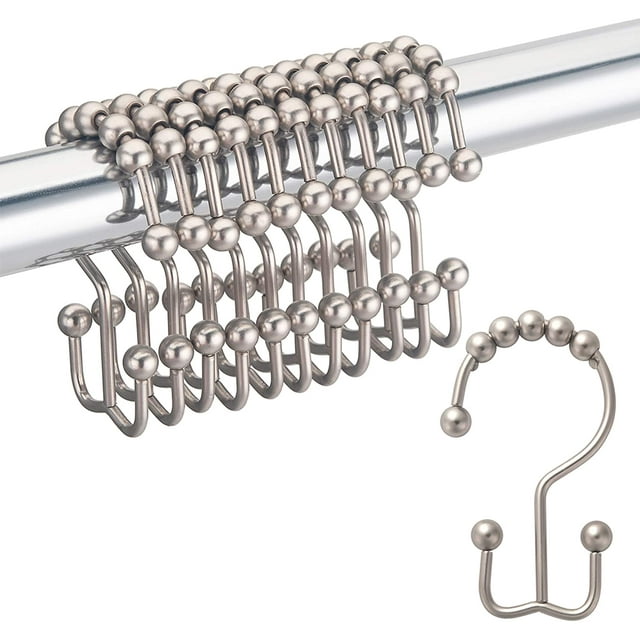 Shower Curtain Hooks Rust Resistant Shower Curtain Rings Metal Double Glide Rollers Shower Hooks For Bathroom Shower Curtain Rods Curtains, Set Of 12, Nickel