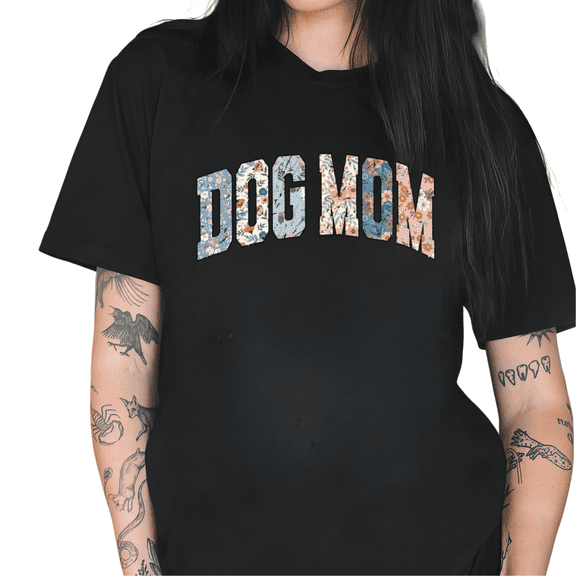 Black Dog Mom Floral Print Varsity Letter Dog Lover Pet Owner Gift Tshirt Graphic Tees Shirts Tops S-5XL