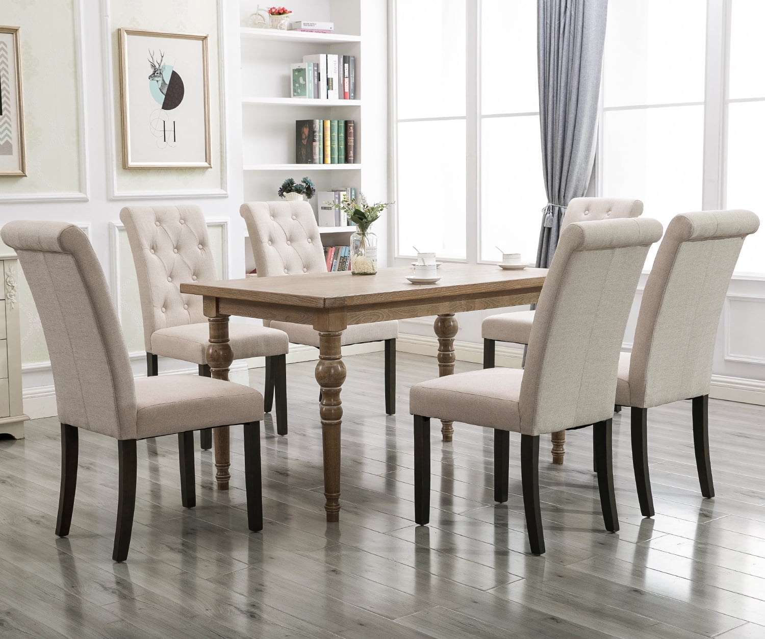 Clearance! Tufted Linen Dining Chairs with High Back and Solid Wood