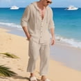 thumbnail image 4 of Yaoyar Men Cotton Linen Long Sleeve Button Down Shirt Summer Casual Hawaiian Beach Tops Lightweight Fashion Two-piece Set, 4 of 9