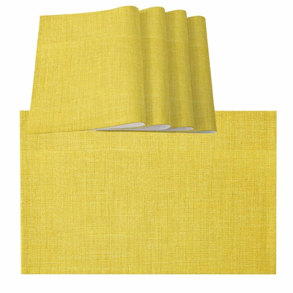 Yellow Burlap Texture Farmhouse Vintage Yellow Burlap Kitchen Place Mats Waterproof Cloth Table Mats, Indoor Outdoor Placemats Easy Clean Dinner Decor