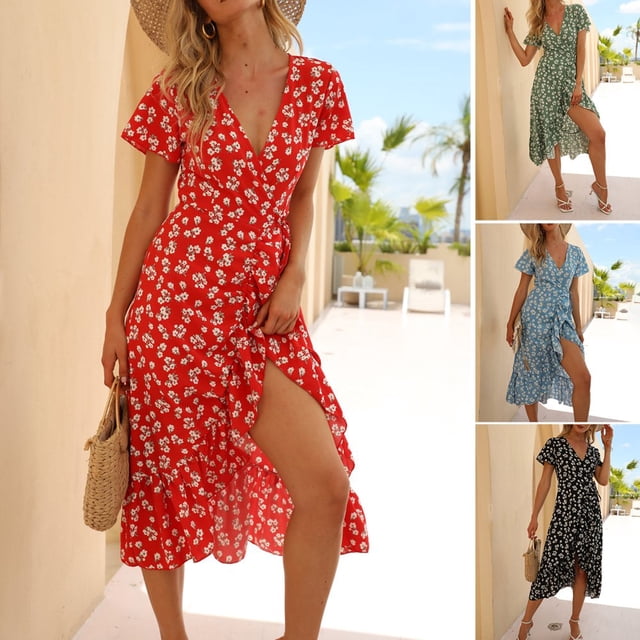 EIMELI Profonde V-Cou Croisé Dentelle Haut Split Midi Robe Florale Imprimé Manches Courtes Femmes Robe Vêtements Féminins