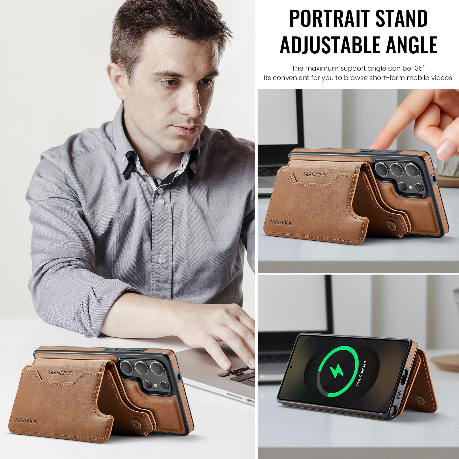 Designed for Samsung Galaxy S24 Ultra Wallet Phone Case,Magnetic Detachable Flip Card Holder,Back Flip Kickstand,Compatible with Mag-Safe,2-in-1 PU Leather Heavy Duty Shockproof Phone Case,Brown