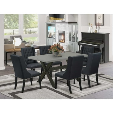 East West Furniture X696FO624-7 7 Pc Dining Set Includes 6 Black Linen Fabric Dining Room Chairs Button Tufted with Nail heads and Dining Room Table - Wire Brush Black Finish