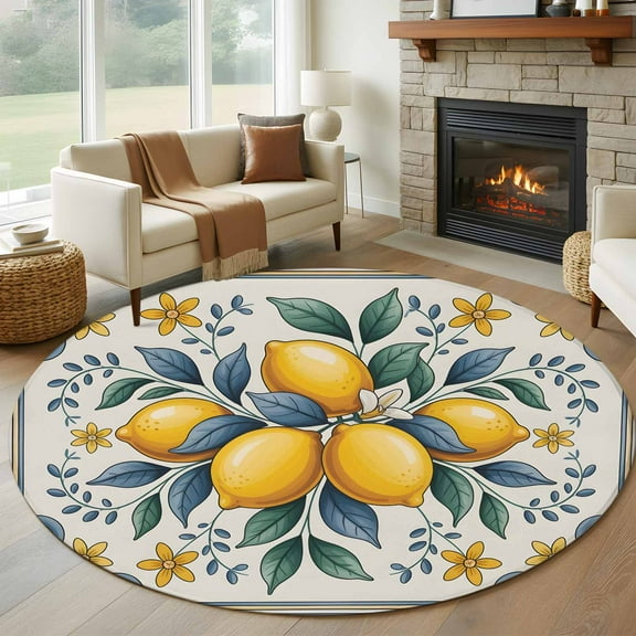 Yellow Blue Lemon Round Rug 5ft Washable Circle Kitchen Rugs Non Slip Summer Botanical Watercolor Large Area Rug Indoor Floor Carpet for Bedroom Living Room Home Office Dining Room Nursery