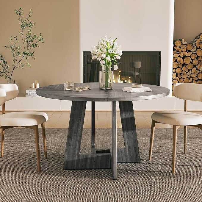 Gelloan 47" Round Dining Table for 4-6 Persons, Modern Farmhouse Wooden Kitchen Table for Dining Room Kitchen,Gray (Only Table)