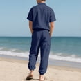 thumbnail image 6 of Hinvhai Men 2 Piece Linen Set Outfits Drawstring Long Pants Button Down Roll Up Sleeve Shirts Beach Wedding Suit Sets Navy L(L), 6 of 9