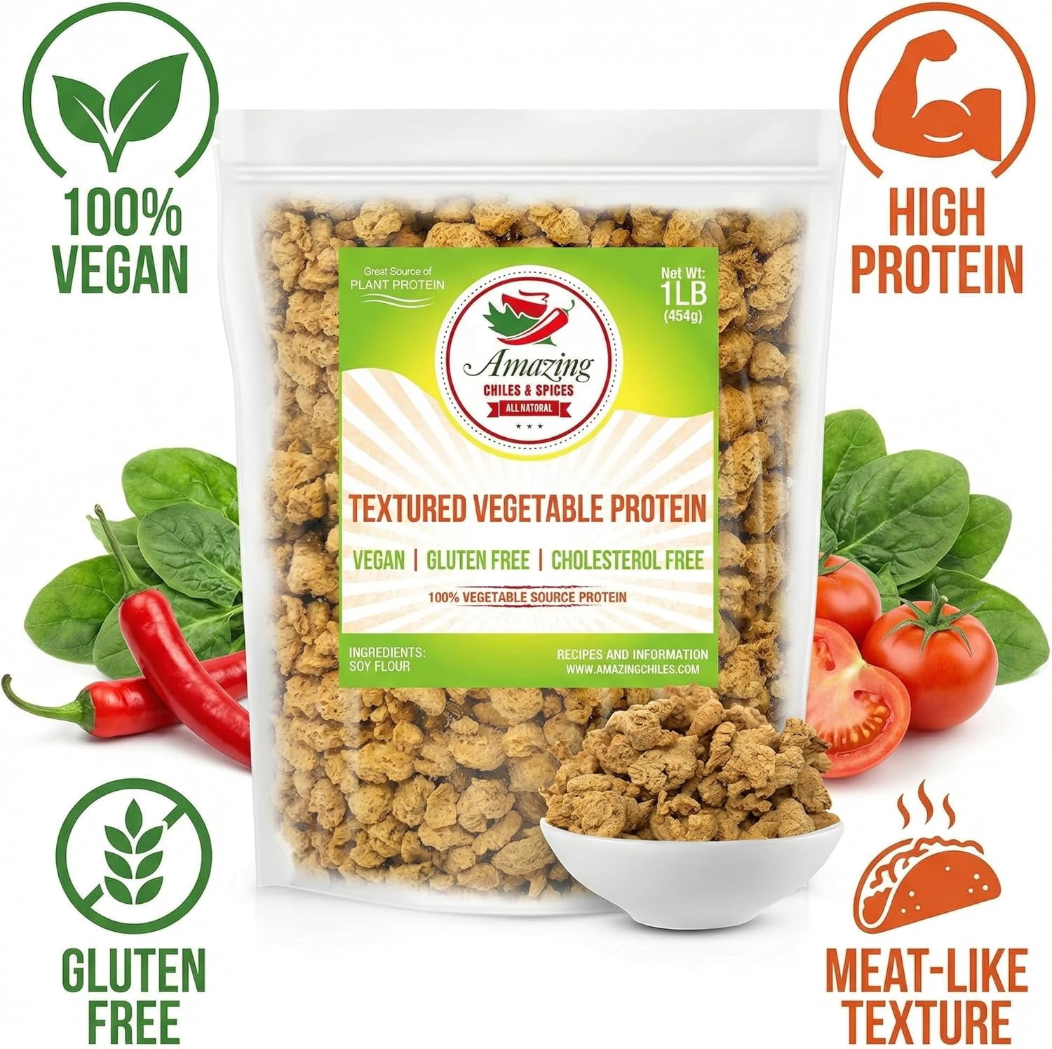 Textured Vegetable Protein (TVP), 1 lb. Bag. All Natural Plant Based Protein Chunks, Vegan