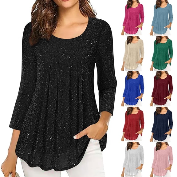 Horkkom Sequin Tops for Women Party Sparkly Tops Dressy Loose Crew Neck 3/4 Sleeve Tunic Tops L