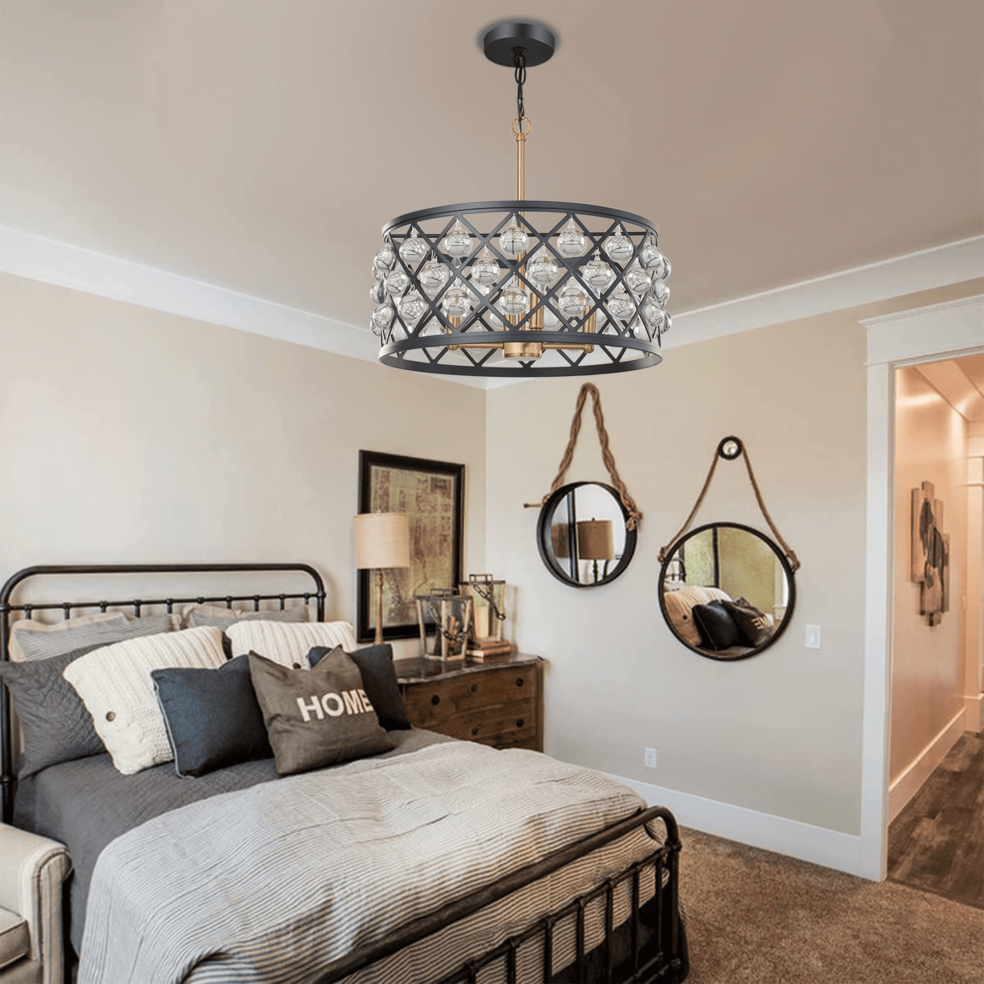 Karmiqi Crystal Chandelier, 17.8" 4-Lights Modern Farmhouse Chandelier with Adjustable Chain, Black Industrial Crystal Pendant Light Fixtures for Kitchen Island Dining Room Entryway Bedroom