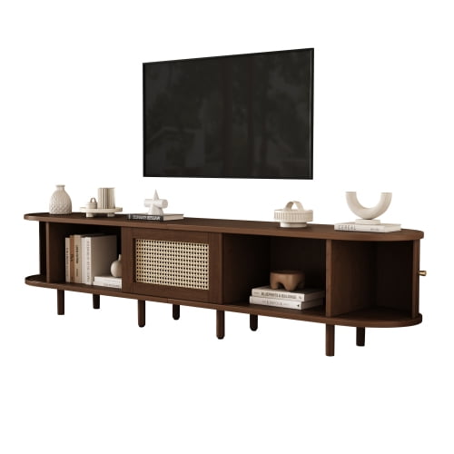Taoruifang 70.8″ TV Stand with 1 Rattan Drawer & 2 Sliding Doors – Dark Oak, for 75″ TV, Oval Rounded Corners