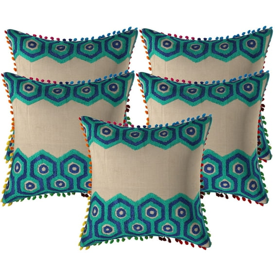 Stylo Culture Indian Chair Seat Throw Pillow Covers 16 x 16 Towel Embroidered Bright Green Dark Blue Zippered 40x40 cm Pom Pom Lace Cotton Geometric Square Cushion Covers | Set Of 5