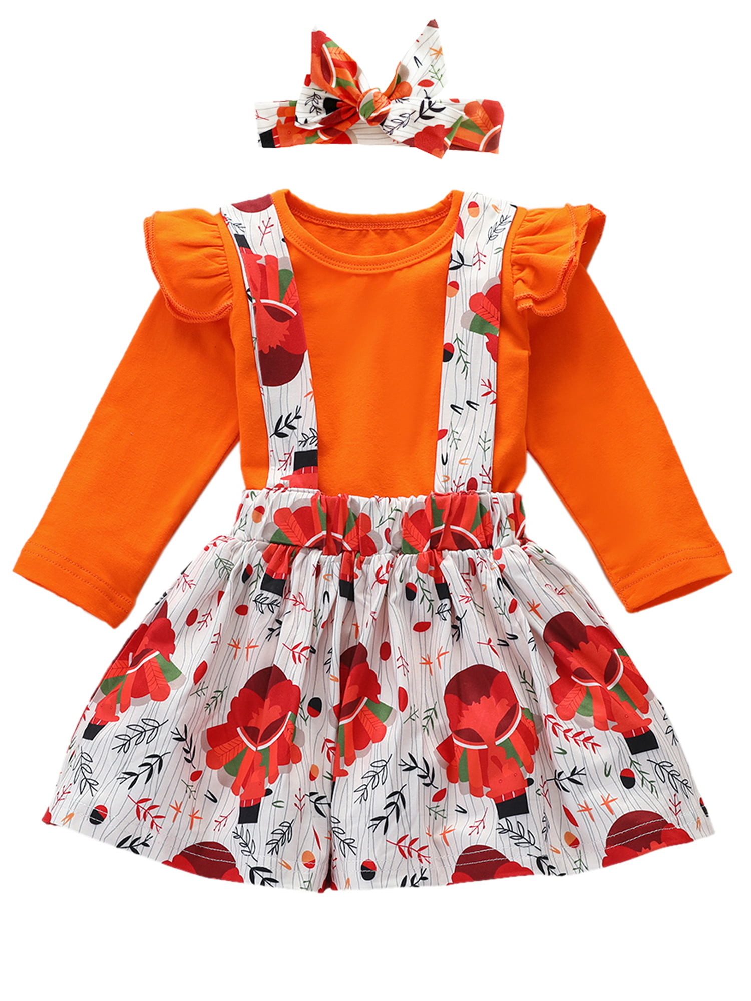 Duanyozu Thanksgiving Outfits Baby Girl Ruffle Top Shirt Turkey Skirt Overall 3pcs Set Com